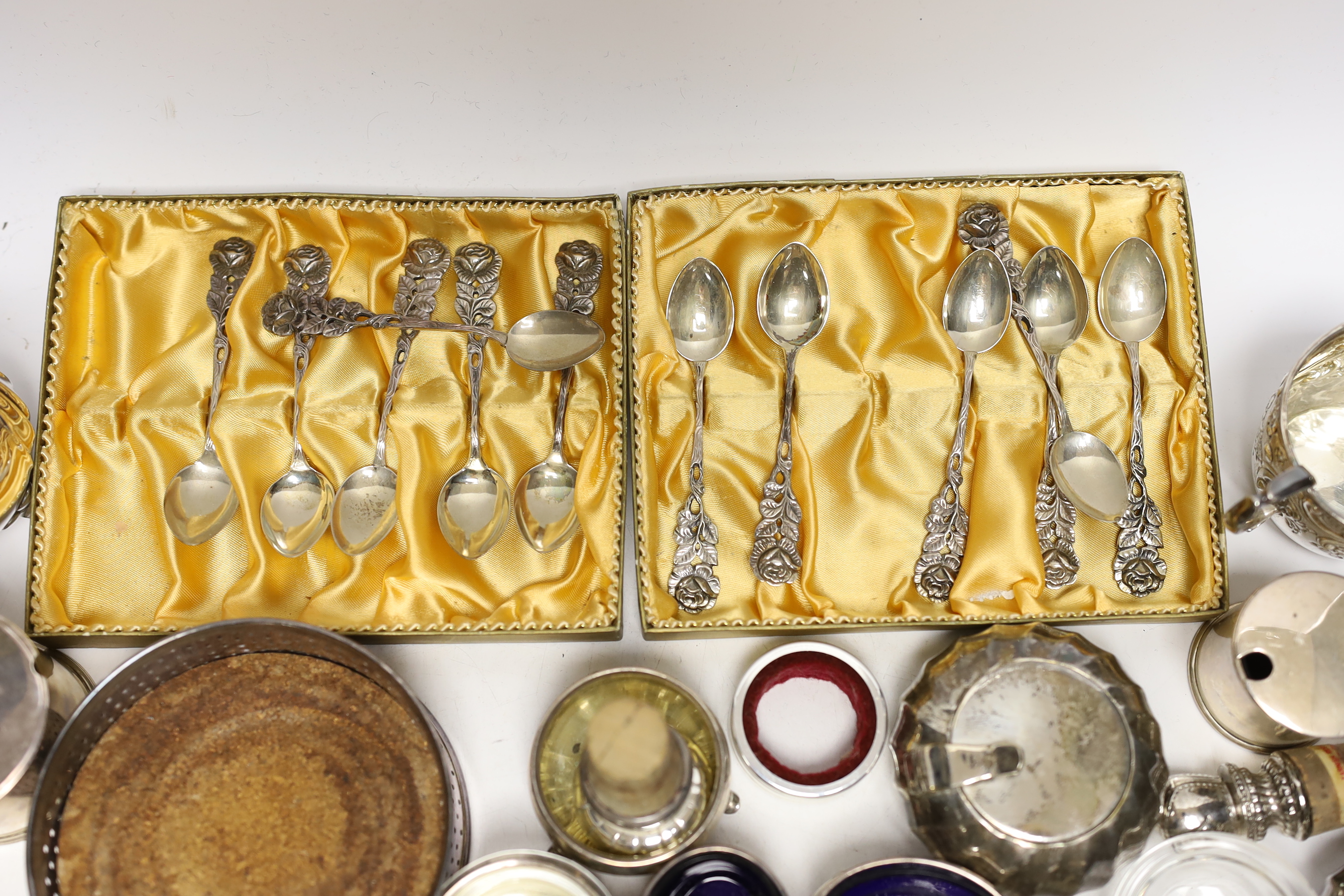 Three silver mustard pots and three silver salts and a group of assorted mainly plated items.